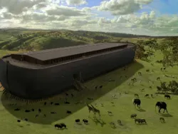 Large wooden ark on grassy plains, surrounded by pairs of various animals under a partly cloudy sky.
